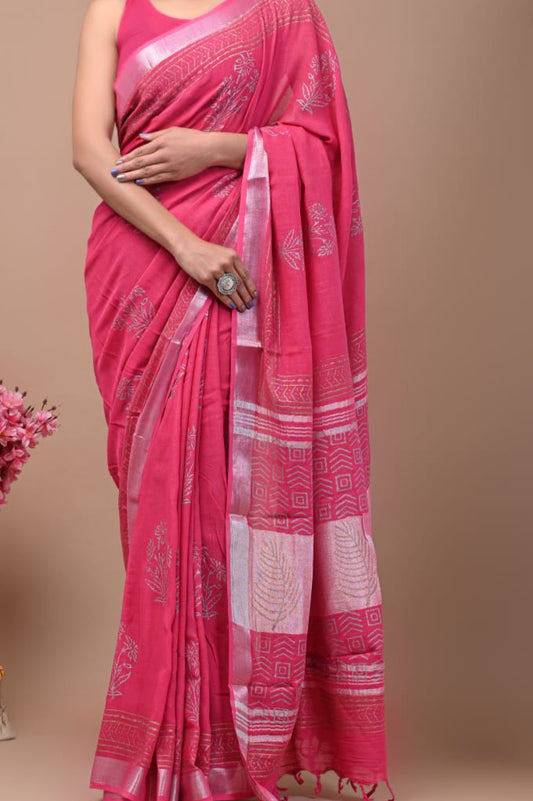 Pure Linen Hand Block Printed Saree - Red with Silver Blocks
