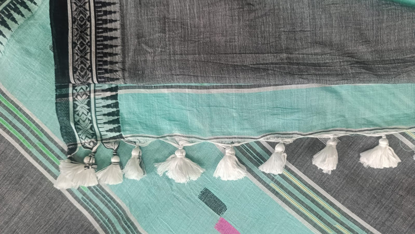 Soft Handloom Cotton with Temple Border - Pastel Blue