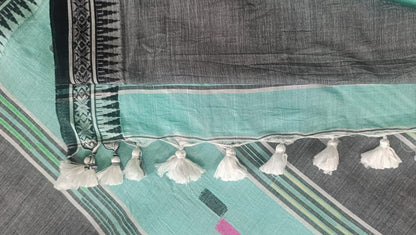 Soft Handloom Cotton with Temple Border - Pastel Blue