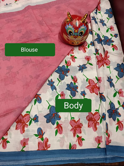 Pure Mulmul Cotton - Hand Block Printed Saree - Floral