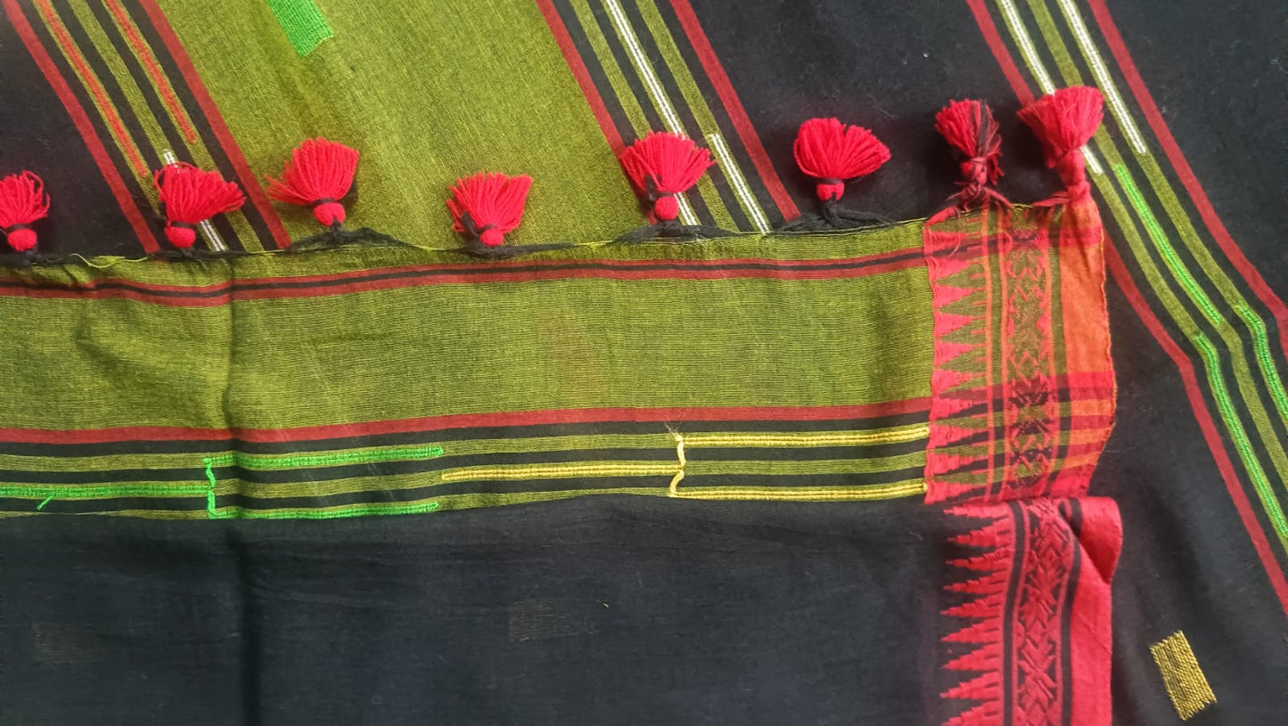 Soft Handloom Cotton with Temple Border - Bottle Green