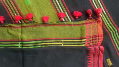 Soft Handloom Cotton with Temple Border - Bottle Green