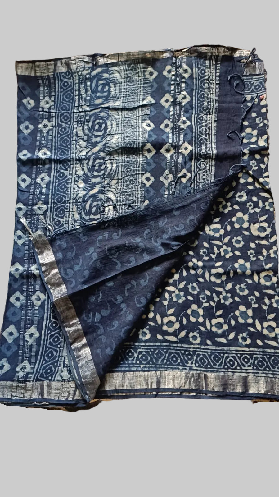 Linen Cotton Hand Block Printed Saree - Blue with White Flowers