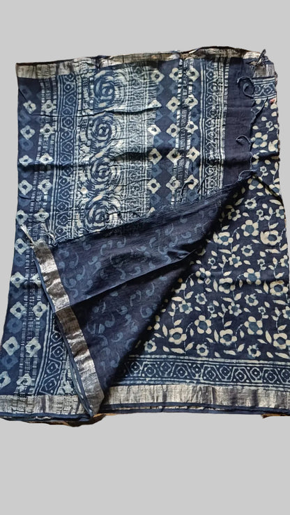 Linen Cotton Hand Block Printed Saree - Blue with White Flowers
