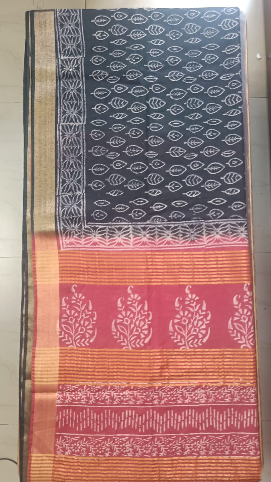 Art Linen Hand Block Print Saree - Black