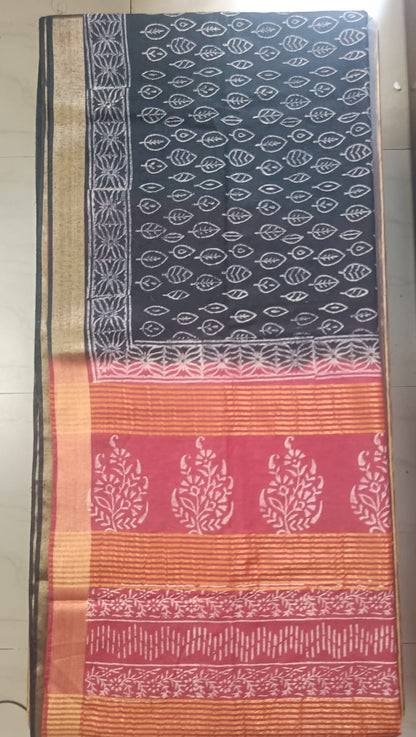 Art Linen Hand Block Print Saree - Black