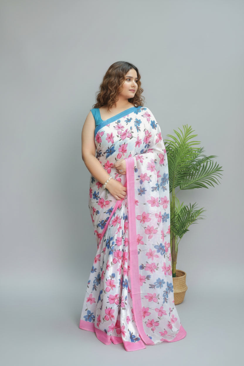 Pure Mulmul Cotton - Hand Block Printed Saree - Floral