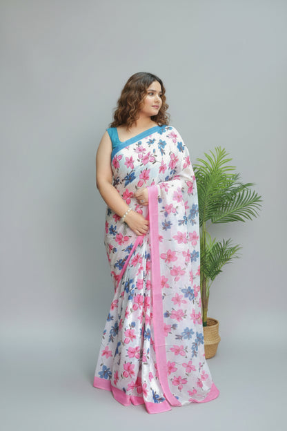 Pure Mulmul Cotton - Hand Block Printed Saree - Floral