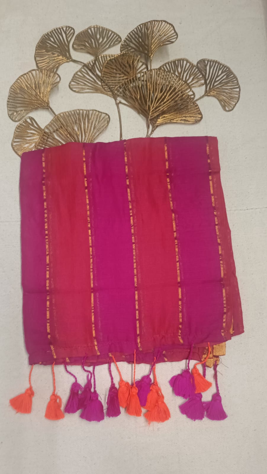 Mul Cotton Saree with zari lines - Red Hues