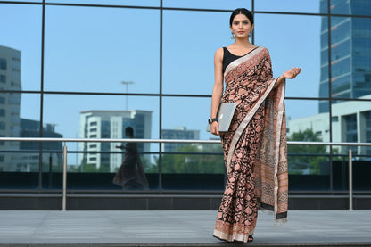 Linen Cotton Hand Block Printed Saree - Bagru Print
