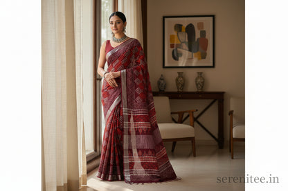 Linen Cotton Hand Block Printed Saree - Maroon