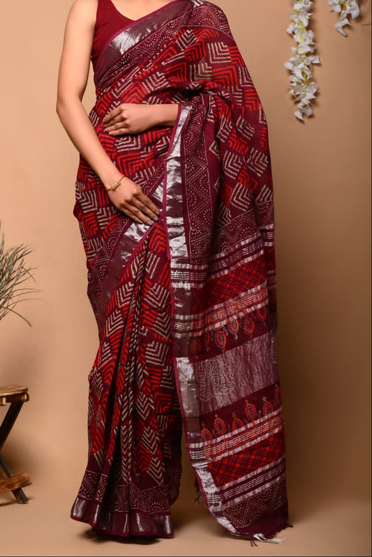 Pure Linen Hand Block Printed Saree - Maroon