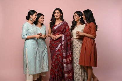 Linen Cotton Hand Block Printed Saree - Maroon