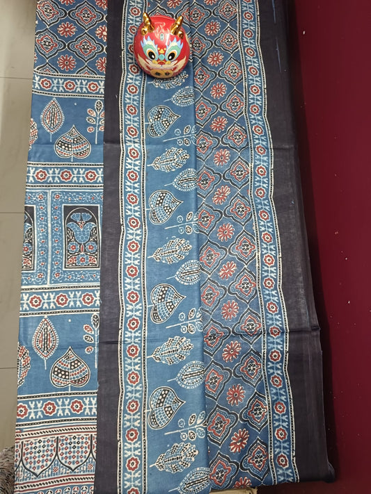 Modal Muslin Ajrakh Print Saree - Blue