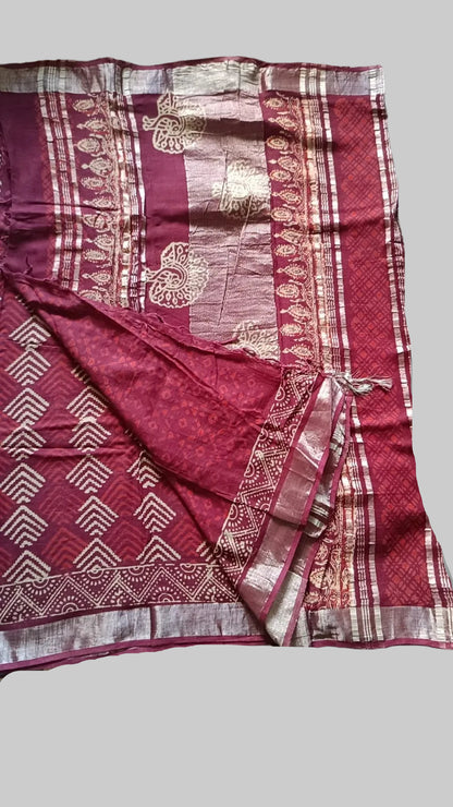 Linen Cotton Hand Block Printed Saree - Maroon