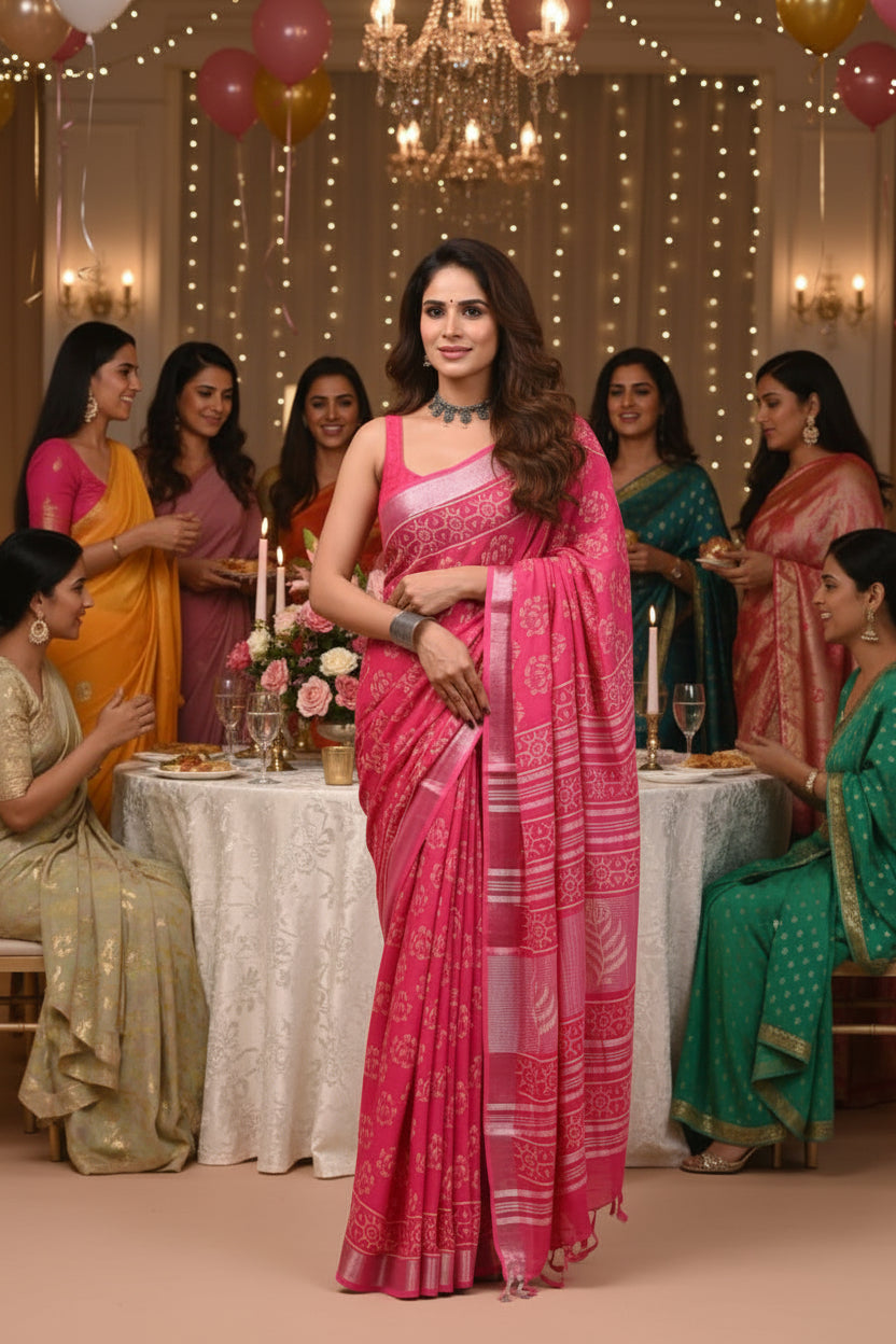 Linen Cotton Hand Block Printed Saree - Magenta