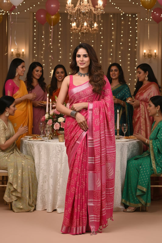 Linen Cotton Hand Block Printed Saree - Magenta