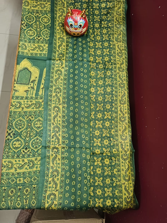 Modal Muslin Ajrakh Print Saree - Green