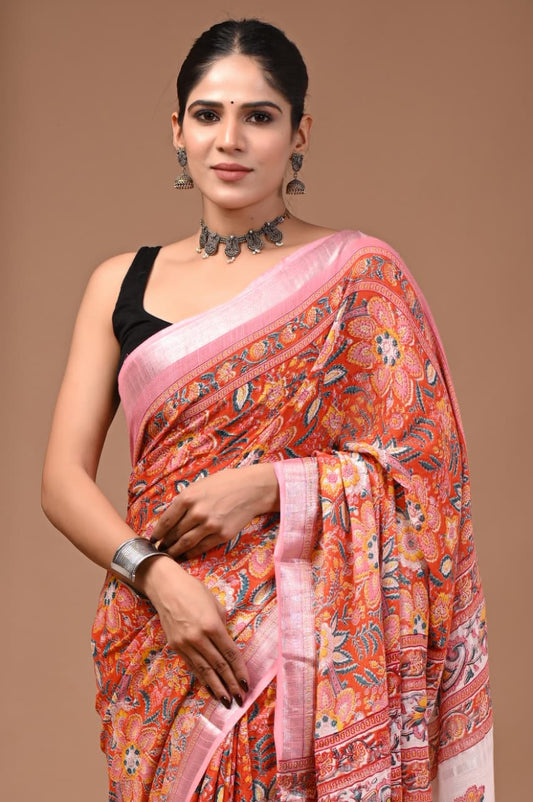 Linen Cotton Hand Block Printed Saree - Sanganeri Orange