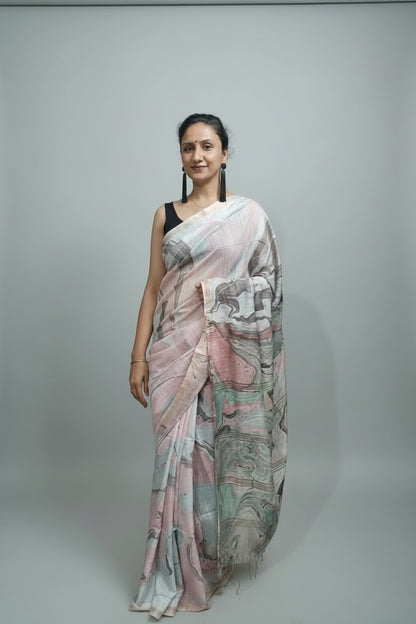 Semi Chanderi Cotton Saree - Marble Print - Pink