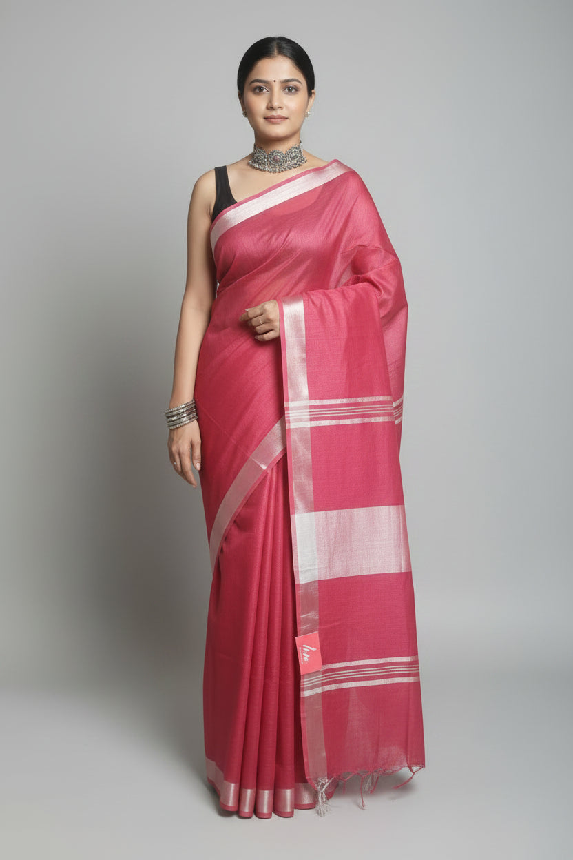 Art Linen Solid Dyed Saree with Silver Zari Border - Red