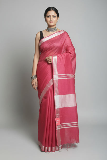 Art Linen Solid Dyed Saree with Silver Zari Border - Red