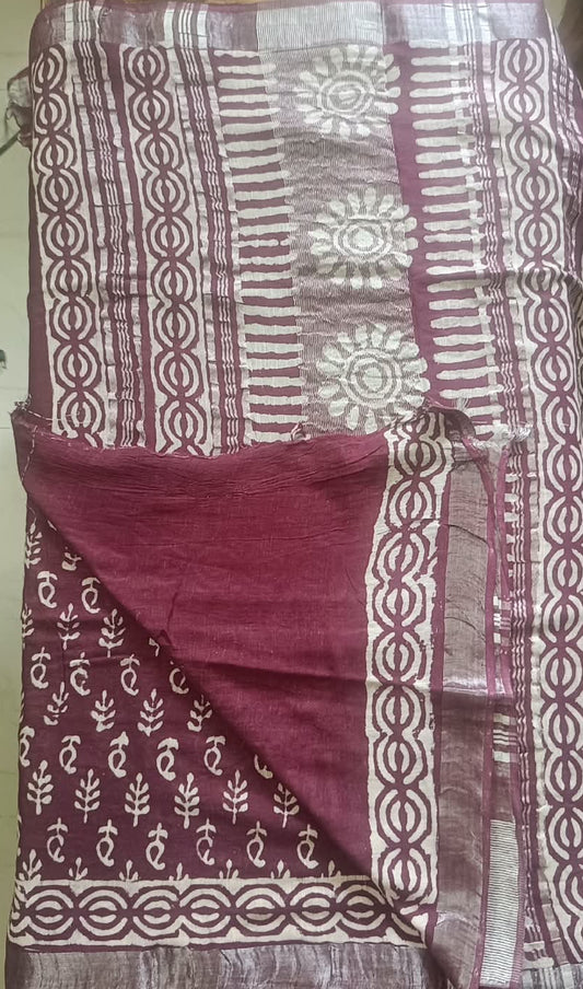 Linen Cotton Hand Block Printed Saree - Maroon