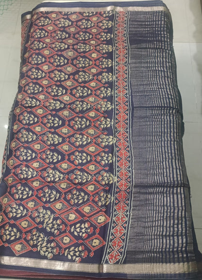 Art Silk Crepe Naphthol Block Print Saree - Deep Blue