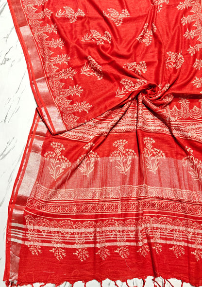 Linen Cotton Hand Block Printed Saree - Red