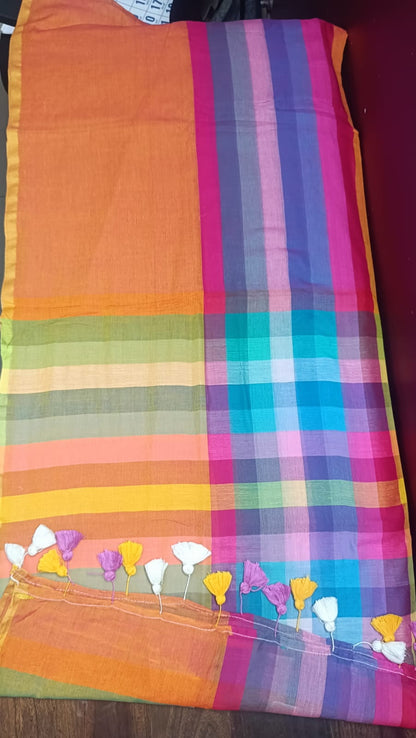 Mul Cotton Rainbow Saree - Orange