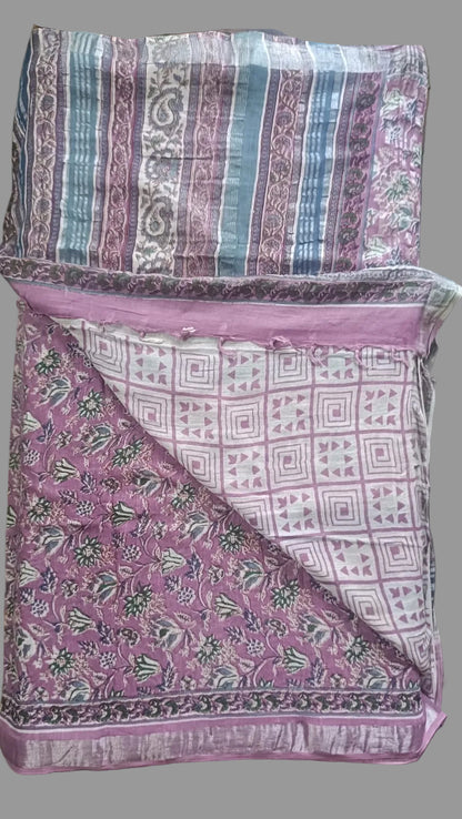 Linen Cotton Sanganeri Hand Block Printed Saree - Pink