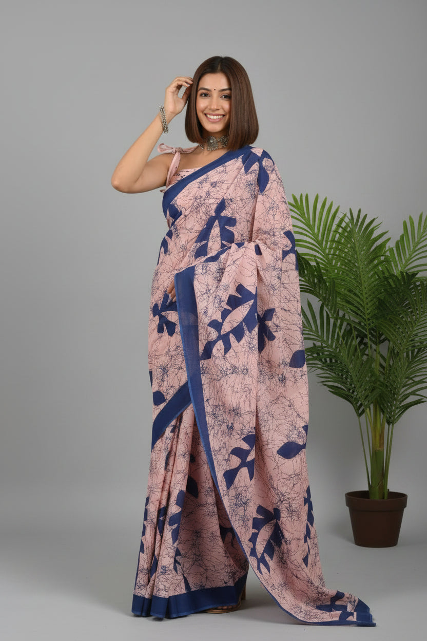 Pure Mulmul Cotton - Hand Block Printed Saree - Pink