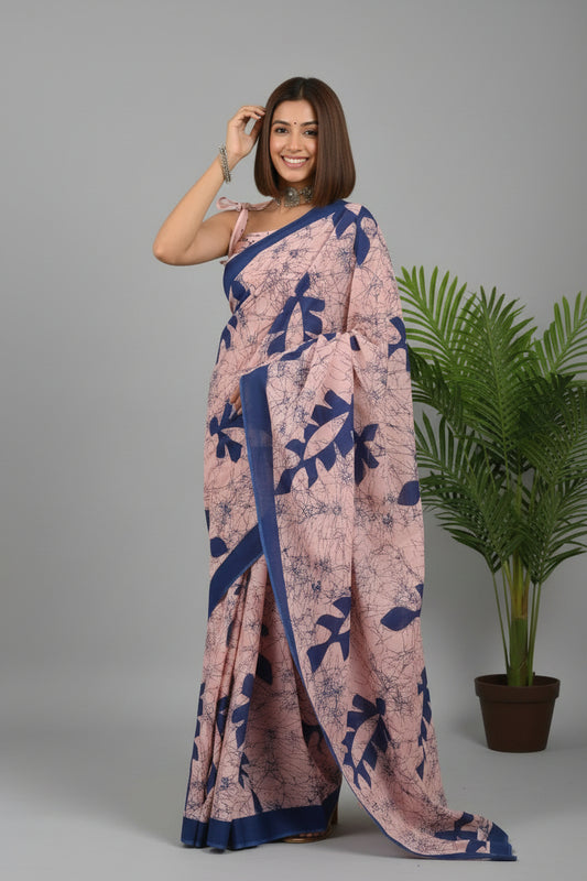 Pure Mulmul Cotton - Hand Block Printed Saree - Pink