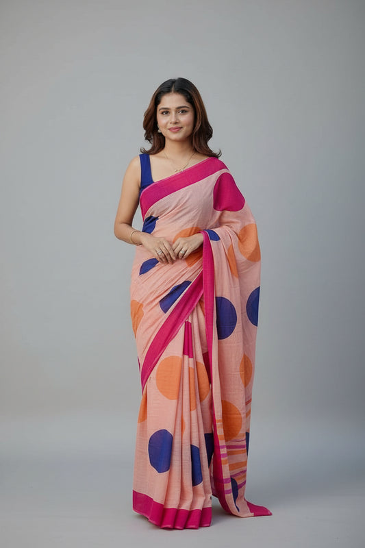 Pure Mulmul Cotton Saree - Hand Block Printed - Peach Polka