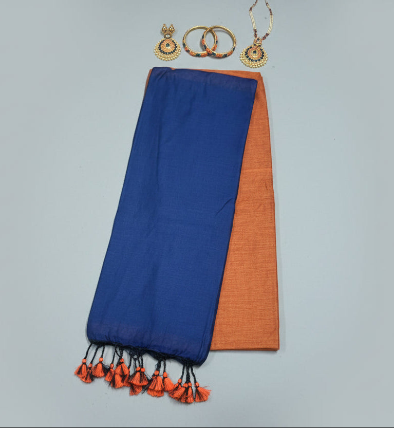 Half and Half Handloom Saree - Orange with Blue Pallu