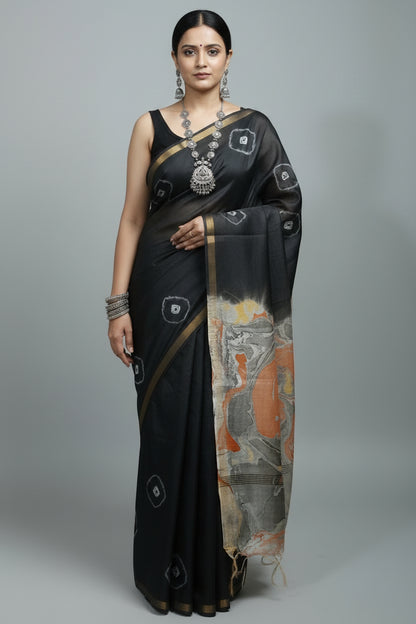 Semi Chanderi Cotton Saree - Bandhni Marble Palla - Black