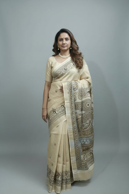 Khadi Cotton Saree - Madhubani Print