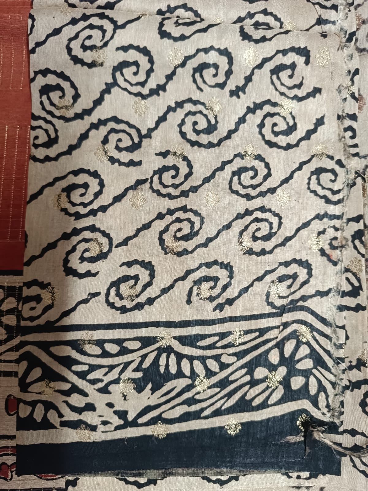 Russian Silk Jacquard Checks Bagru Print Saree - LIVA Fabric