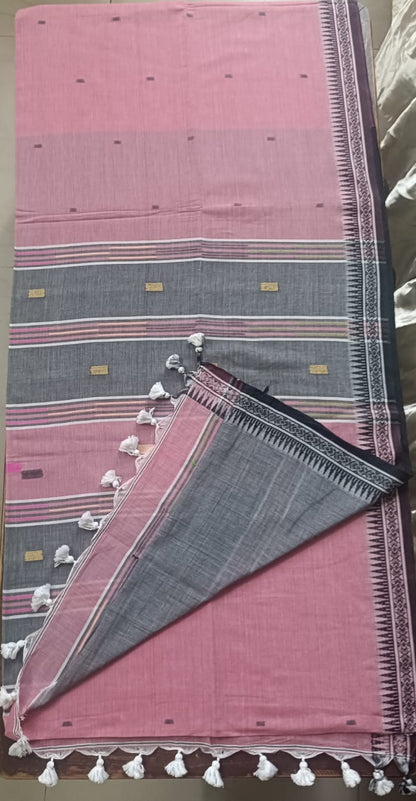 Soft Handloom Cotton with Temple Border - Pastel Pink