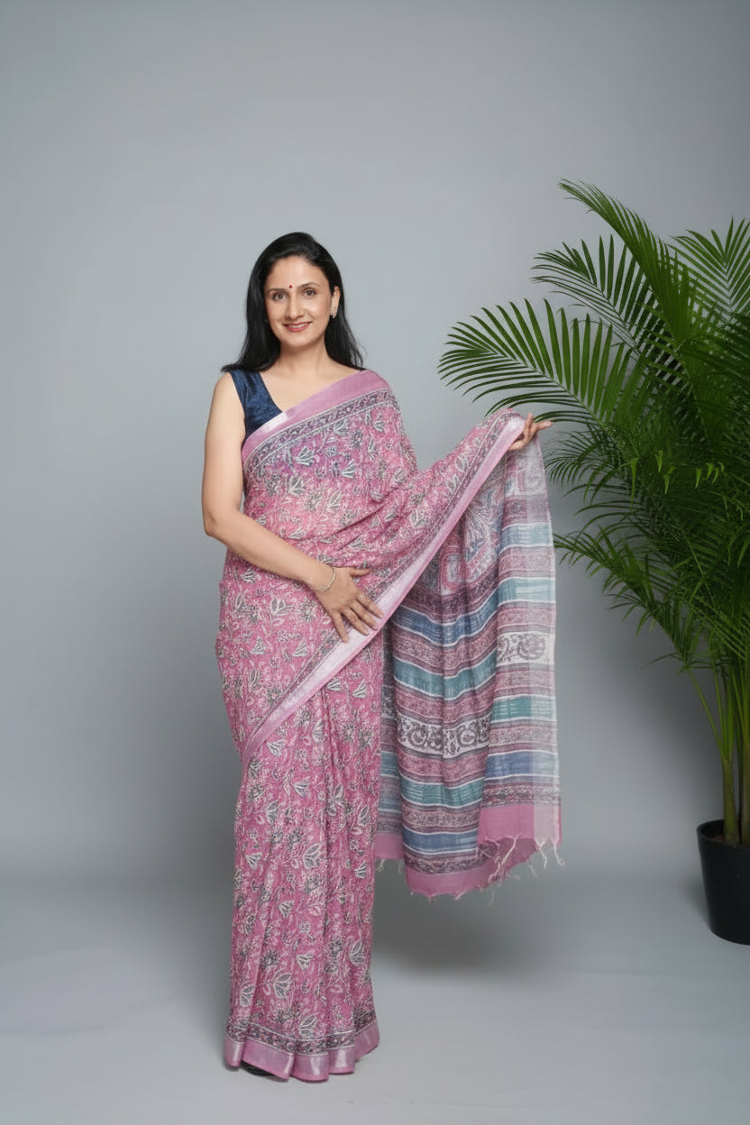 Linen Cotton Sanganeri Hand Block Printed Saree - Pink