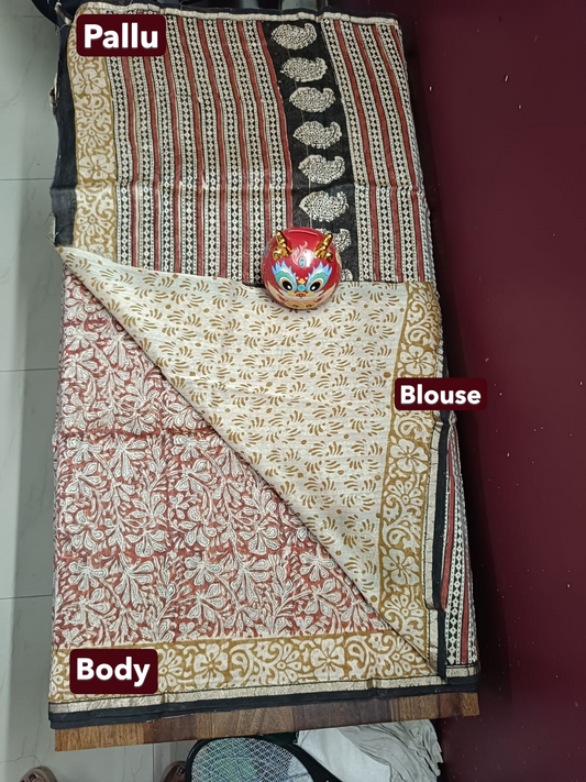Hand Block Printed Chanderi Silk Saree - Beige