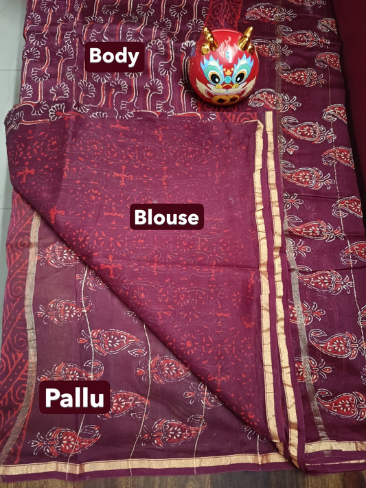 Hand Block Printed Chanderi Silk Saree - Maroon