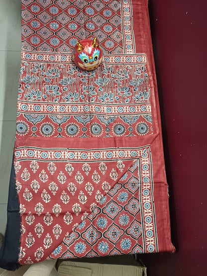 Modal Muslin Ajrakh Print Saree - Red