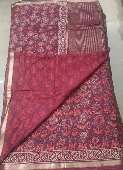 Art Silk Crepe Naphthol Block Print Saree - Deep Red