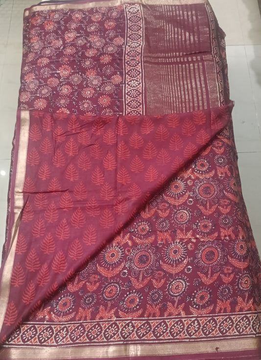 Art Silk Crepe Naphthol Block Print Saree - Deep Red
