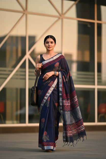 Linen Cotton Hand Block Printed Saree - Navy Blue with Red Flowers
