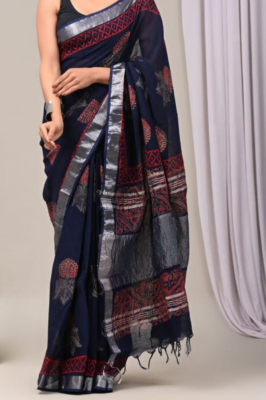 Pure Linen Hand Block Printed Saree - Navy Blue with Red Flowers