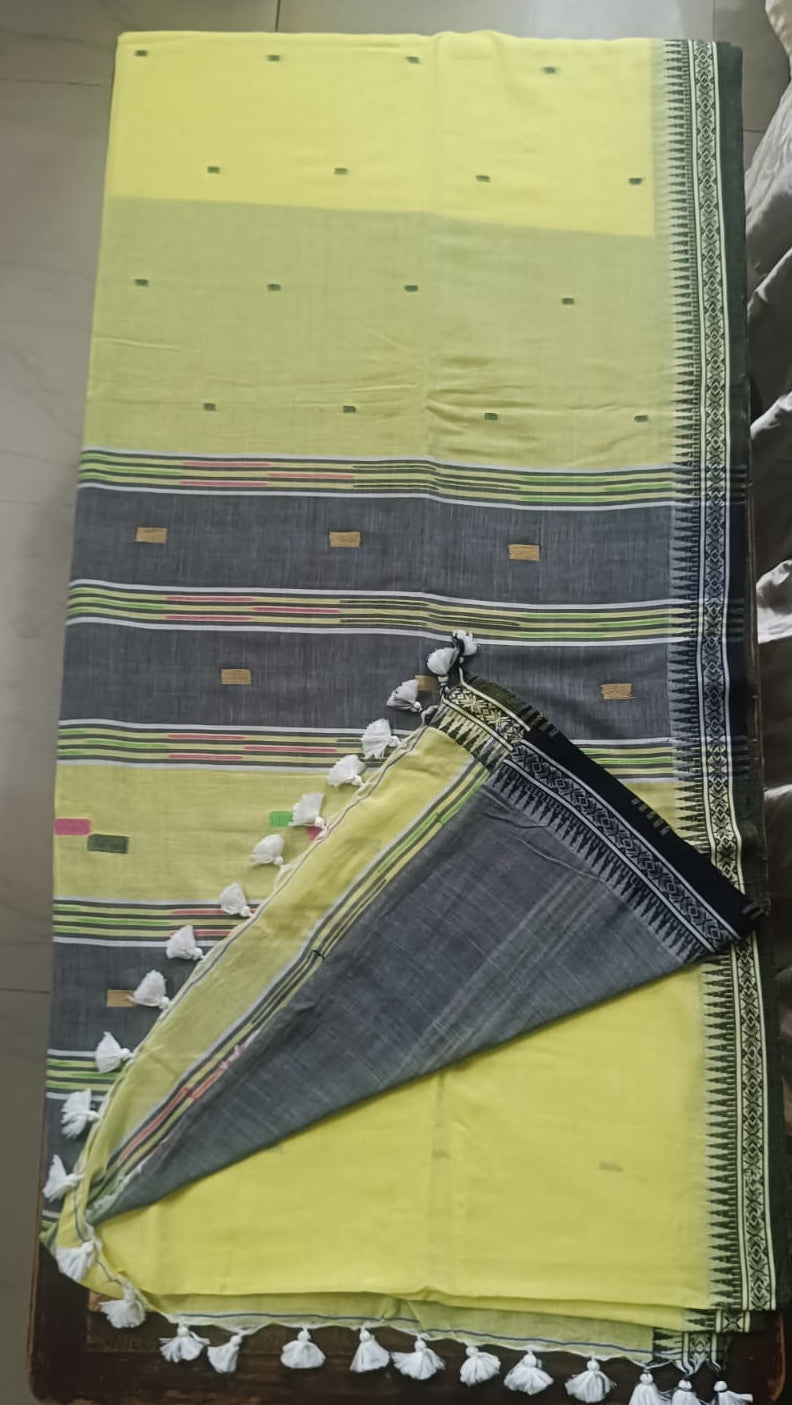Soft Handloom Cotton with Temple Border - Pastel Yellow