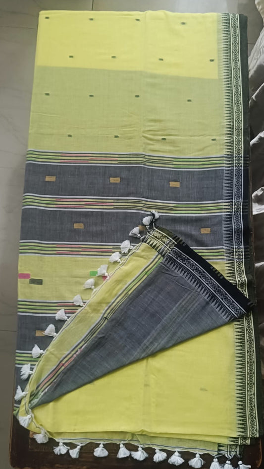 Soft Handloom Cotton with Temple Border - Pastel Yellow