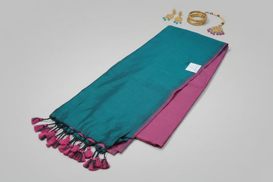 Half and Half Handloom Saree - Dark Magenta with Dark Teal Pallu